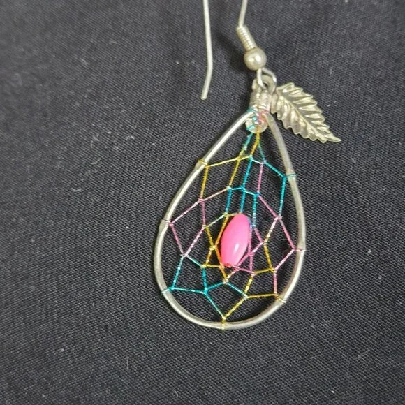 Dreamcatcher Dangle Earrings Multicolor Web Pink Bead Silver Tone Teardrop Boho - Picture 3 of 6